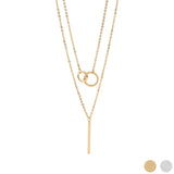 18K Gold PVD Layered Necklace – Stainless Steel Interlocked Circle & Bar Charm - Iron Wire Decor