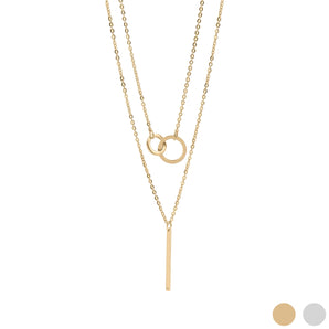 18K Gold PVD Layered Necklace – Stainless Steel Interlocked Circle & Bar Charm - Iron Wire Decor