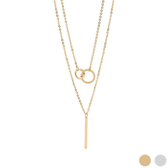 18K Gold PVD Layered Necklace – Stainless Steel Interlocked Circle & Bar Charm - Iron Wire Decor