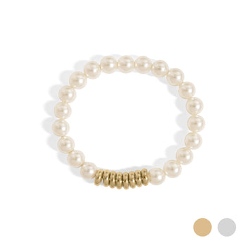 18K Gold PVD Stainless Steel Pearl Stretch Bracelet – 8mm Kiska Glass Beads - Iron Wire Decor