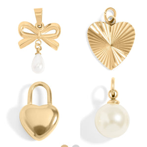 18K Gold PVD Charms Set – Bow Pearl, Heart Lock & Textured Heart Pendants | Waterproof & Hypoallergenic - Iron Wire Decor
