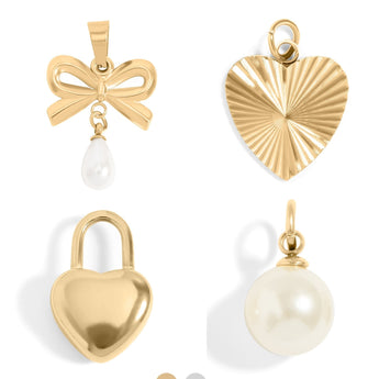 18K Gold PVD Charms Set – Bow Pearl, Heart Lock & Textured Heart Pendants | Waterproof & Hypoallergenic - Iron Wire Decor