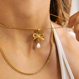 18K Gold PVD Charms Set – Bow Pearl, Heart Lock & Textured Heart Pendants | Waterproof & Hypoallergenic - Iron Wire Decor