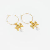 18K Gold PVD Charms Set – Bow Pearl, Heart Lock & Textured Heart Pendants | Waterproof & Hypoallergenic - Iron Wire Decor