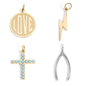 18K Gold PVD Charms Set – Love, Lightning, Turquoise Cross & Wishbone Pendants | Waterproof & Hypoallergenic - Iron Wire Decor