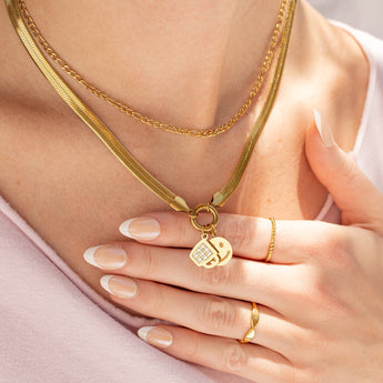 18K Gold PVD Stainless Steel Herringbone Charm Holder Necklace – Waterproof & Hypoallergenic - Iron Wire Decor