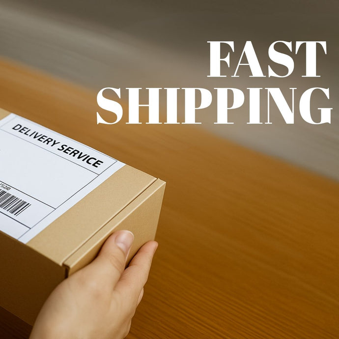 Hand holding a delivery box labeled ‘Delivery Service’ with the text Fast Shipping above