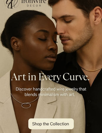 Two models wearing minimalist wire jewelry close together, showcasing modern necklaces