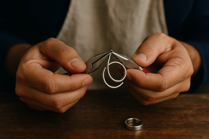 Hands using jewelry pliers to shape a stainless steel wire loop on a wooden table