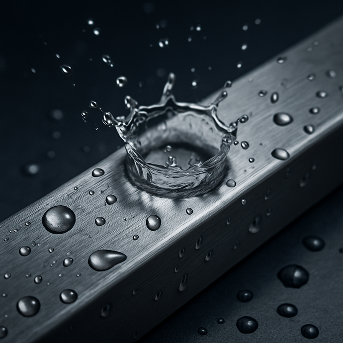 Water splash forming a crown shape on a stainless steel surface with scattered droplets