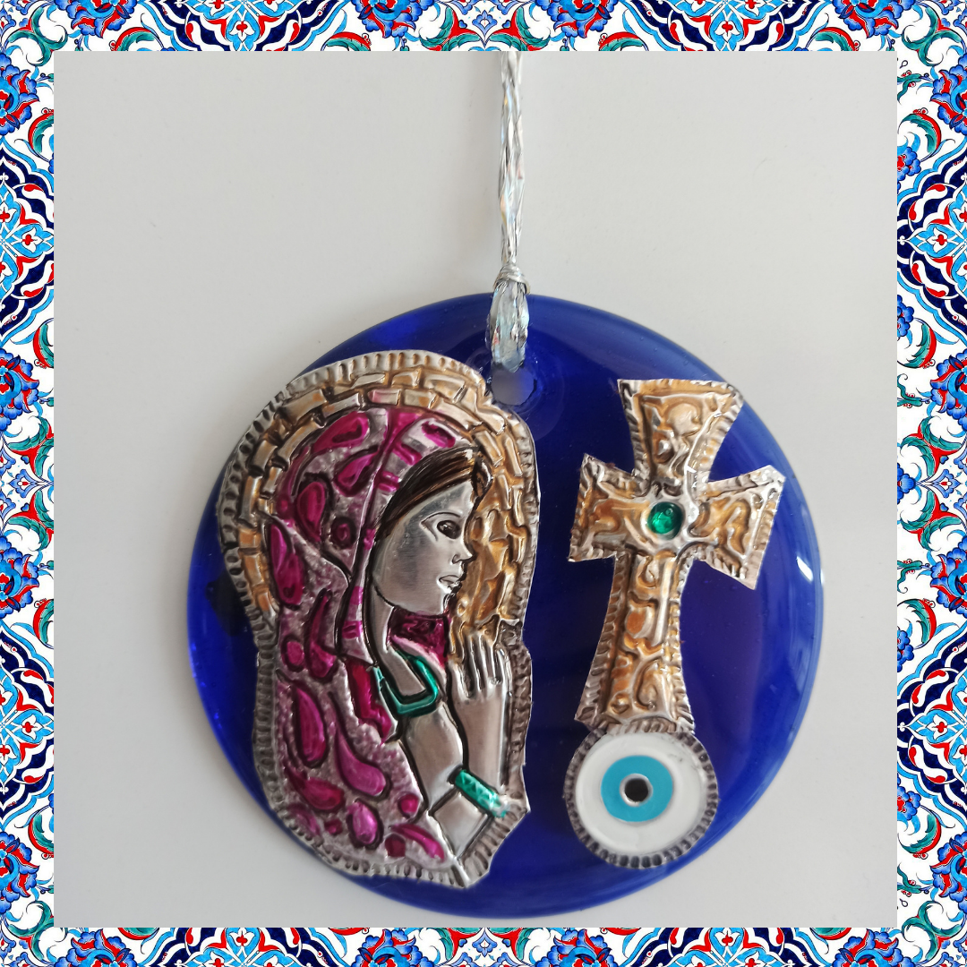 Meryem Ana figürü 4,3" (11 cm), nazar boncuğu, Duvar Charm'ı, Yeni Ev Hediye Fikri