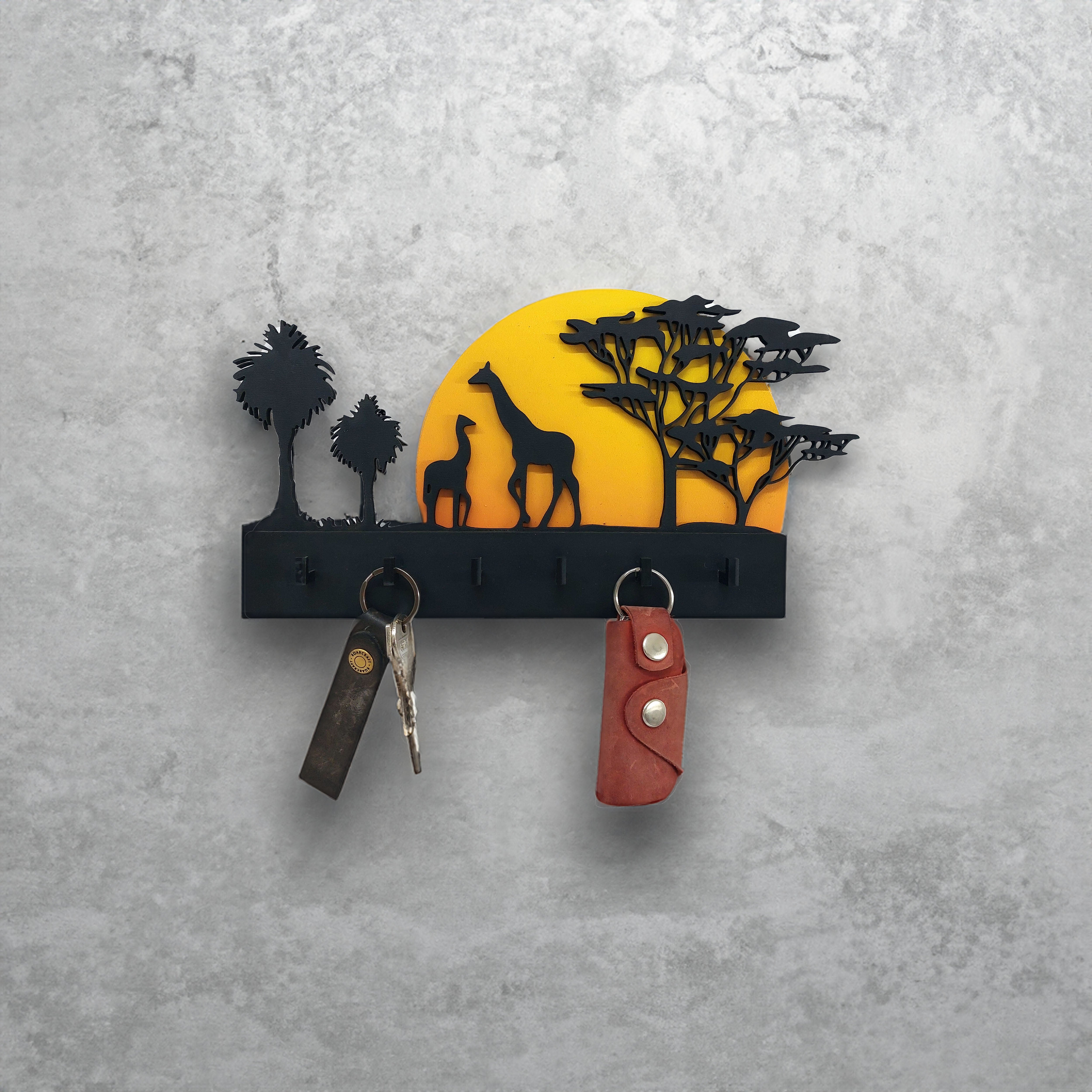 African Sunset Themed Tree Giraffe Wall Keychain Hanger Decor