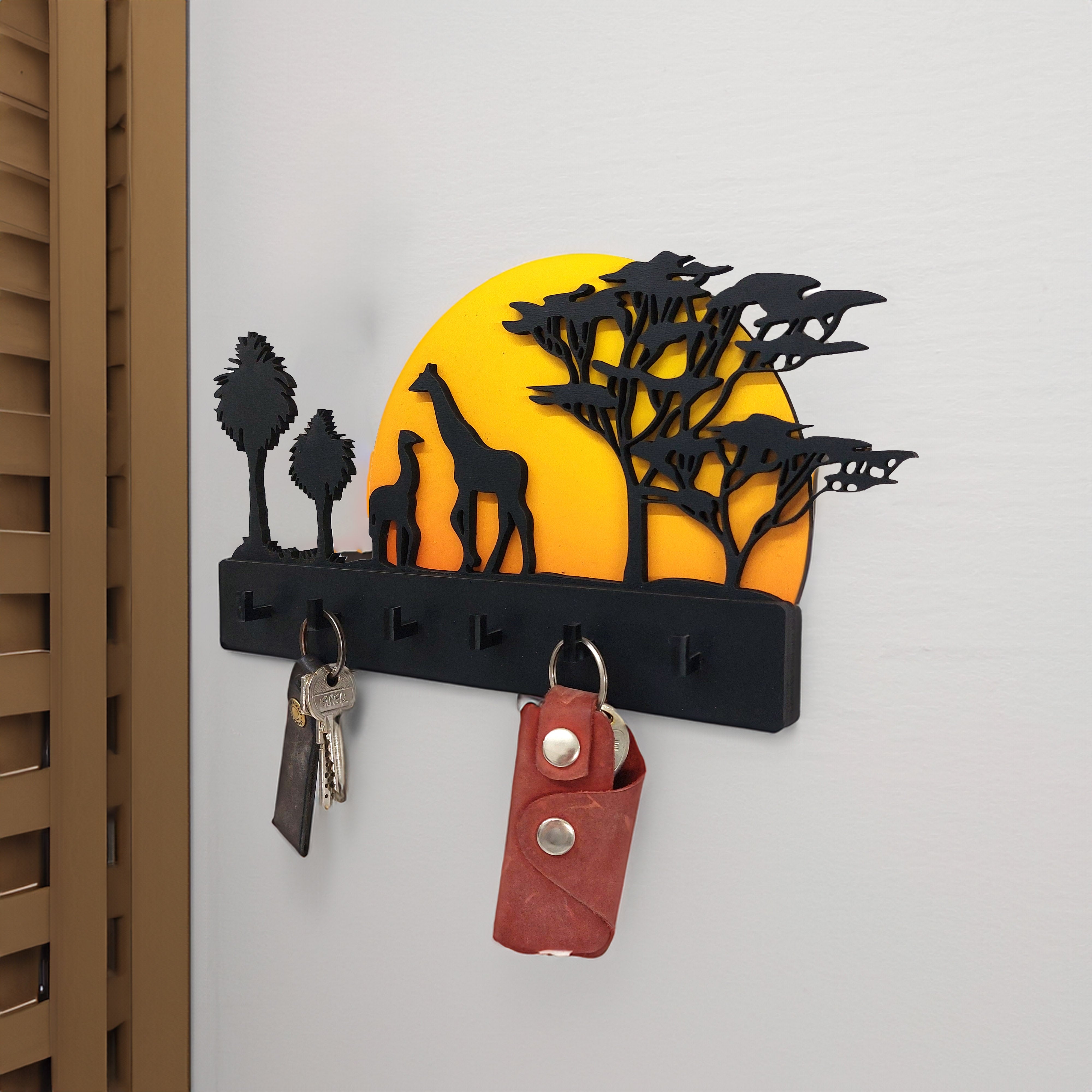 African Sunset Themed Tree Giraffe Wall Keychain Hanger Decor