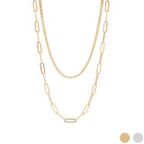18K Gold PVD Layered Chain Necklace – Stainless Steel Curb & Paperclip Design - Iron Wire Decor