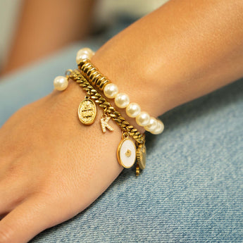 18K Gold PVD Stainless Steel Pearl Stretch Bracelet – 8mm Kiska Glass Beads - Iron Wire Decor