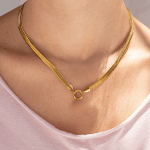 18K Gold PVD Stainless Steel Herringbone Charm Holder Necklace – Waterproof & Hypoallergenic - Iron Wire Decor