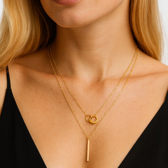 18K Gold PVD Layered Necklace – Stainless Steel Interlocked Circle & Bar Charm - Iron Wire Decor