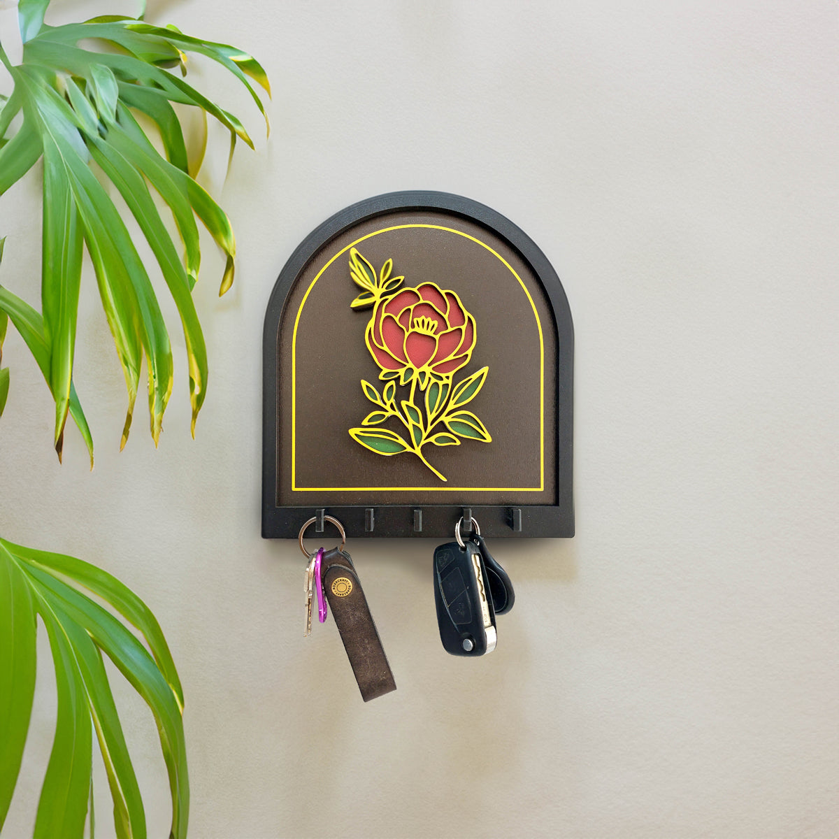 Embossed Gold Black Rose Design Wall Hanger Decor Keychain