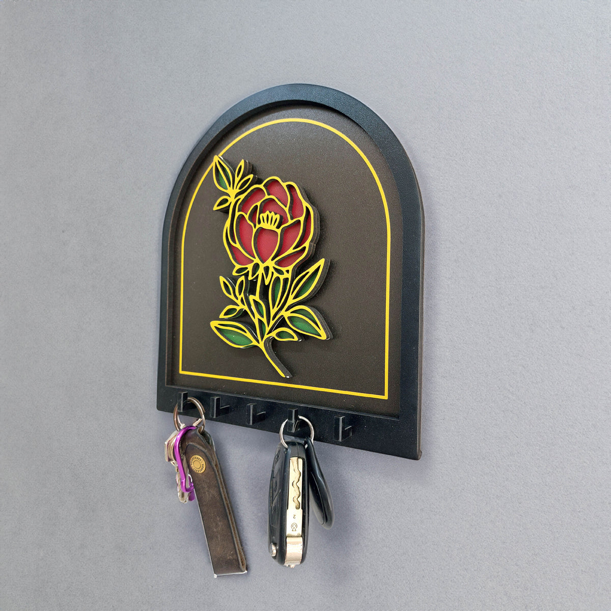 Embossed Gold Black Rose Design Wall Hanger Decor Keychain