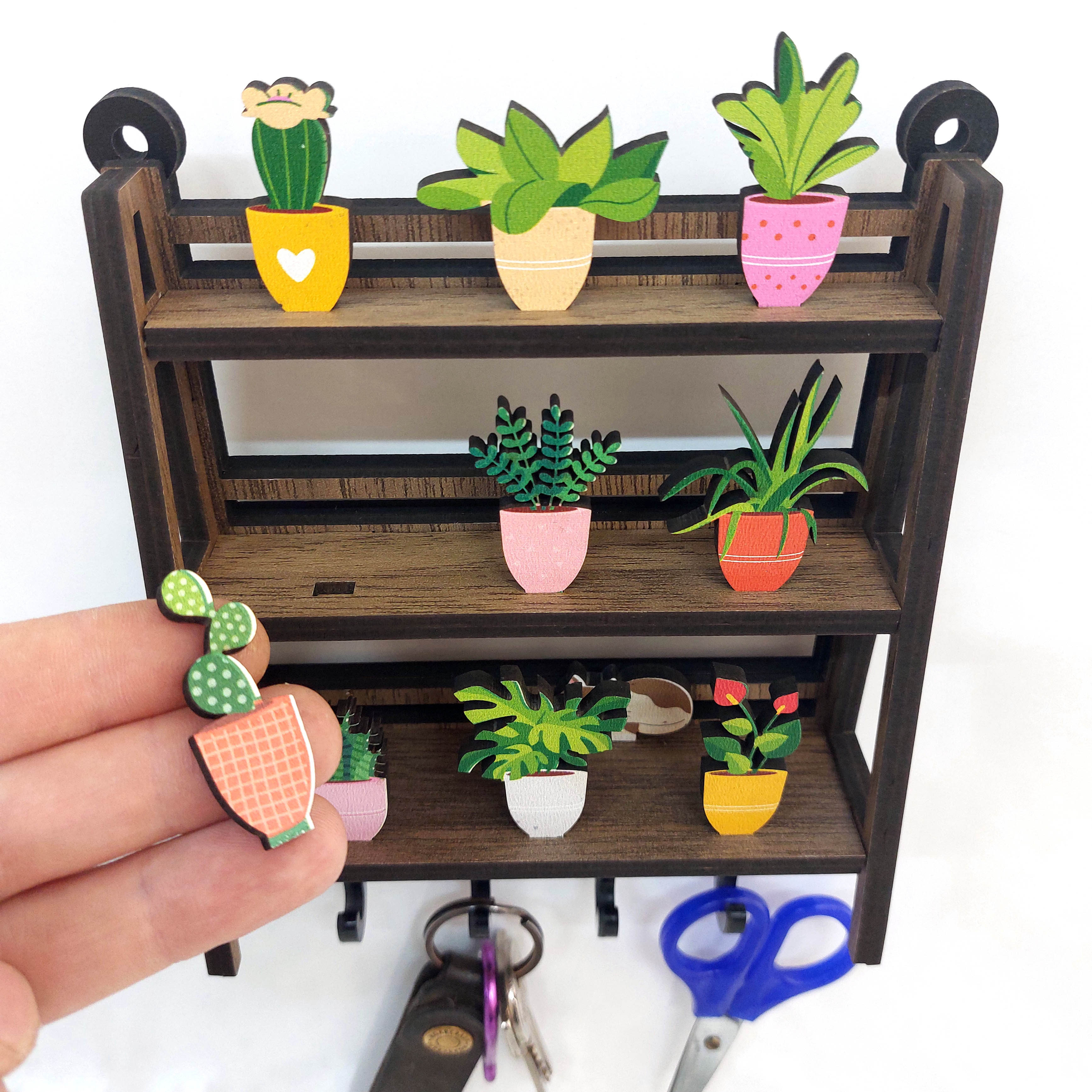 Potted Flowers on Wooden Miniature Shelf Wall Hanger Keychain Design Decor