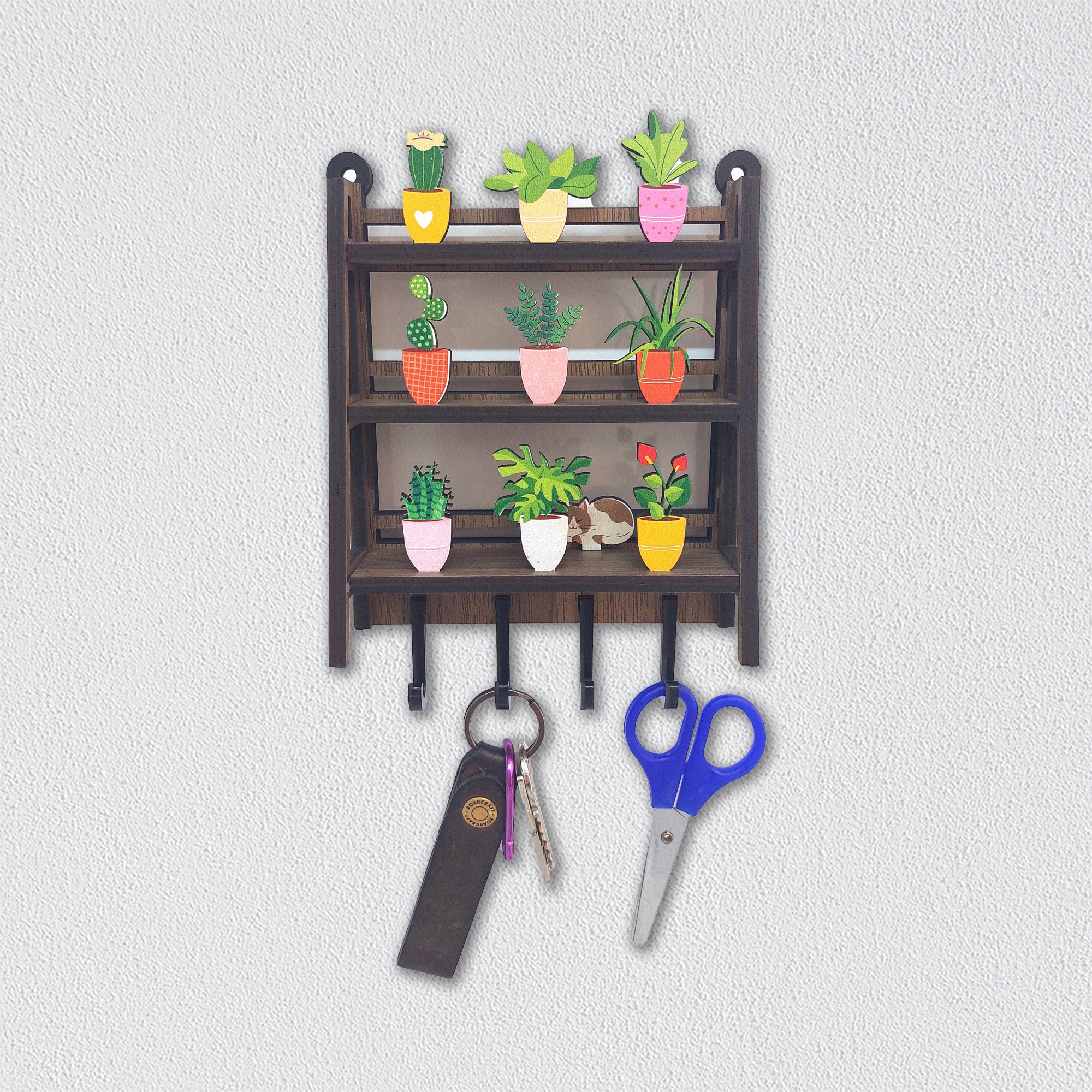 Potted Flowers on Wooden Miniature Shelf Wall Hanger Keychain Design Decor