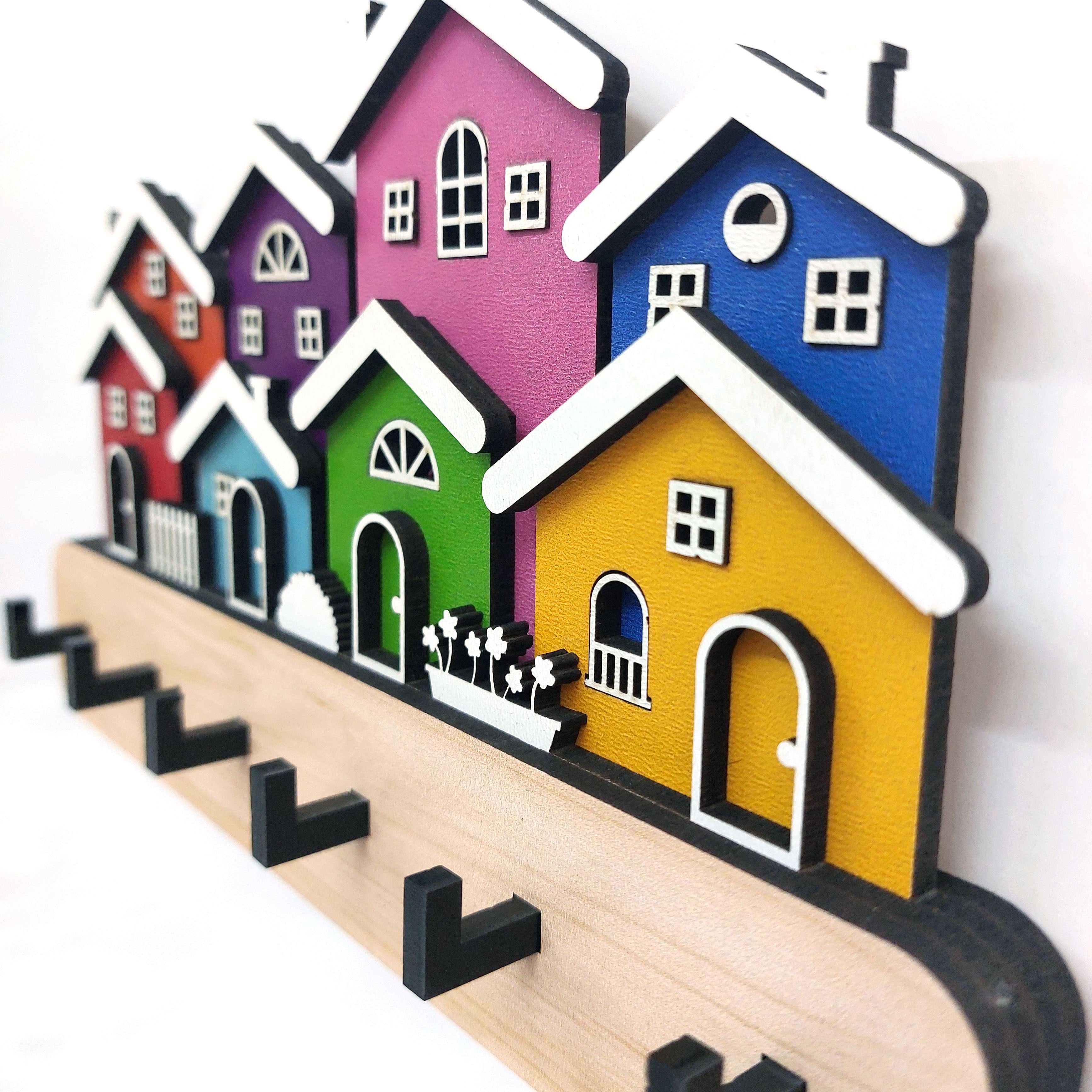 Colorful Houses Side by Side Wooden Decorative Wall Hanger Keychain Modern Decor