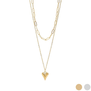 Layered Paperclip & Loop Chain Necklace with Heart Charm – 18K Gold PVD Stainless Steel - Iron Wire Decor