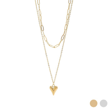 Layered Paperclip & Loop Chain Necklace with Heart Charm – 18K Gold PVD Stainless Steel - Iron Wire Decor