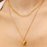 Layered Paperclip & Loop Chain Necklace with Heart Charm – 18K Gold PVD Stainless Steel - Iron Wire Decor
