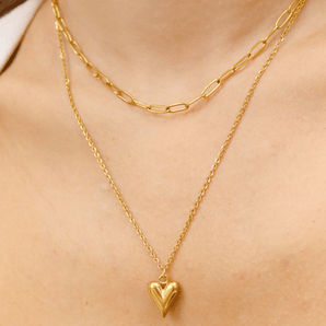 Layered Paperclip & Loop Chain Necklace with Heart Charm – 18K Gold PVD Stainless Steel - Iron Wire Decor