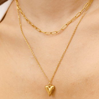 Layered Paperclip & Loop Chain Necklace with Heart Charm – 18K Gold PVD Stainless Steel - Iron Wire Decor