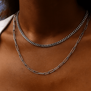 Layered Curb and Paperclip Necklace – Polished Stainless Steel, Non - Tarnish Finish - Iron Wire Decor