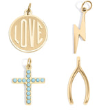 18K Gold PVD Charms Set – Love, Lightning, Turquoise Cross & Wishbone Pendants | Waterproof & Hypoallergenic - Iron Wire Decor