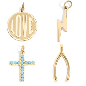 18K Gold PVD Charms Set – Love, Lightning, Turquoise Cross & Wishbone Pendants | Waterproof & Hypoallergenic - Iron Wire Decor