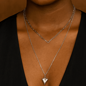 “Layered Stainless Steel Paperclip and Loop Chain Necklace with Heart Charm” - Iron Wire Decor