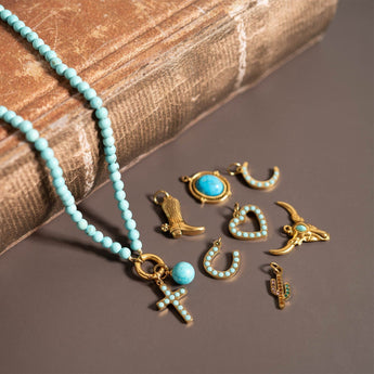 18K Gold PVD Charms Set – Love, Lightning, Turquoise Cross & Wishbone Pendants | Waterproof & Hypoallergenic - Iron Wire Decor