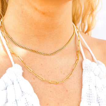 18K Gold PVD Layered Chain Necklace – Stainless Steel Curb & Paperclip Design - Iron Wire Decor