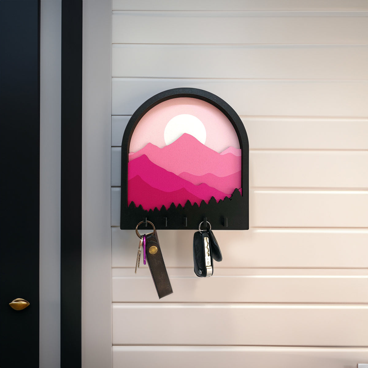 Layered 3D Design Pink Mountains Landscape Theme Wall Hanger Keychain