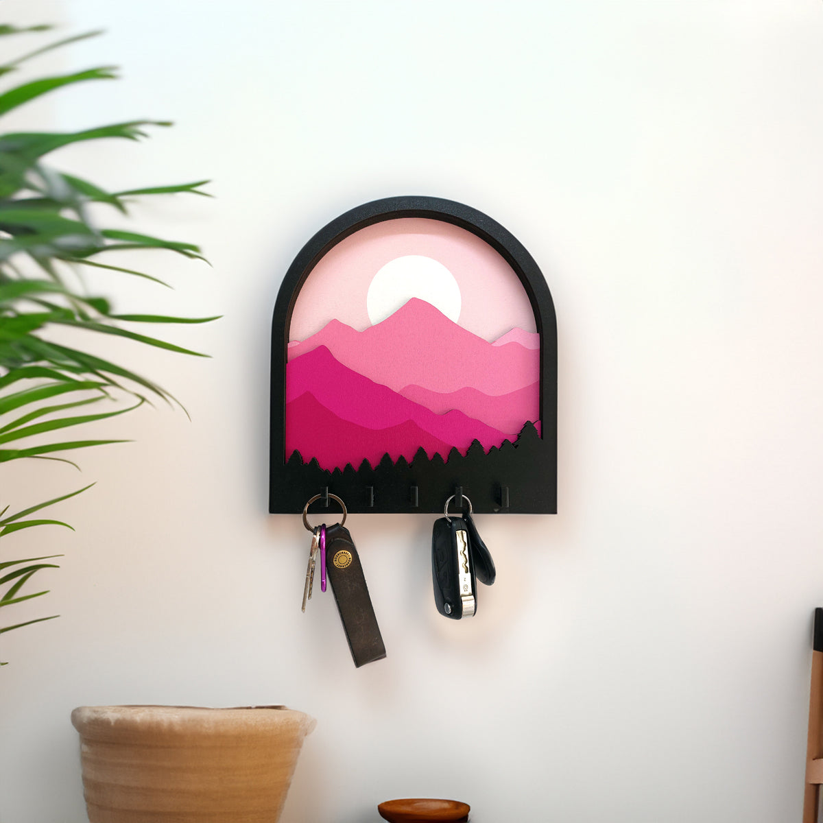 Layered 3D Design Pink Mountains Landscape Theme Wall Hanger Keychain