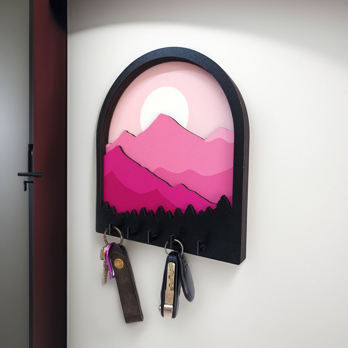 Layered 3D Design Pink Mountains Landscape Theme Wall Hanger Keychain