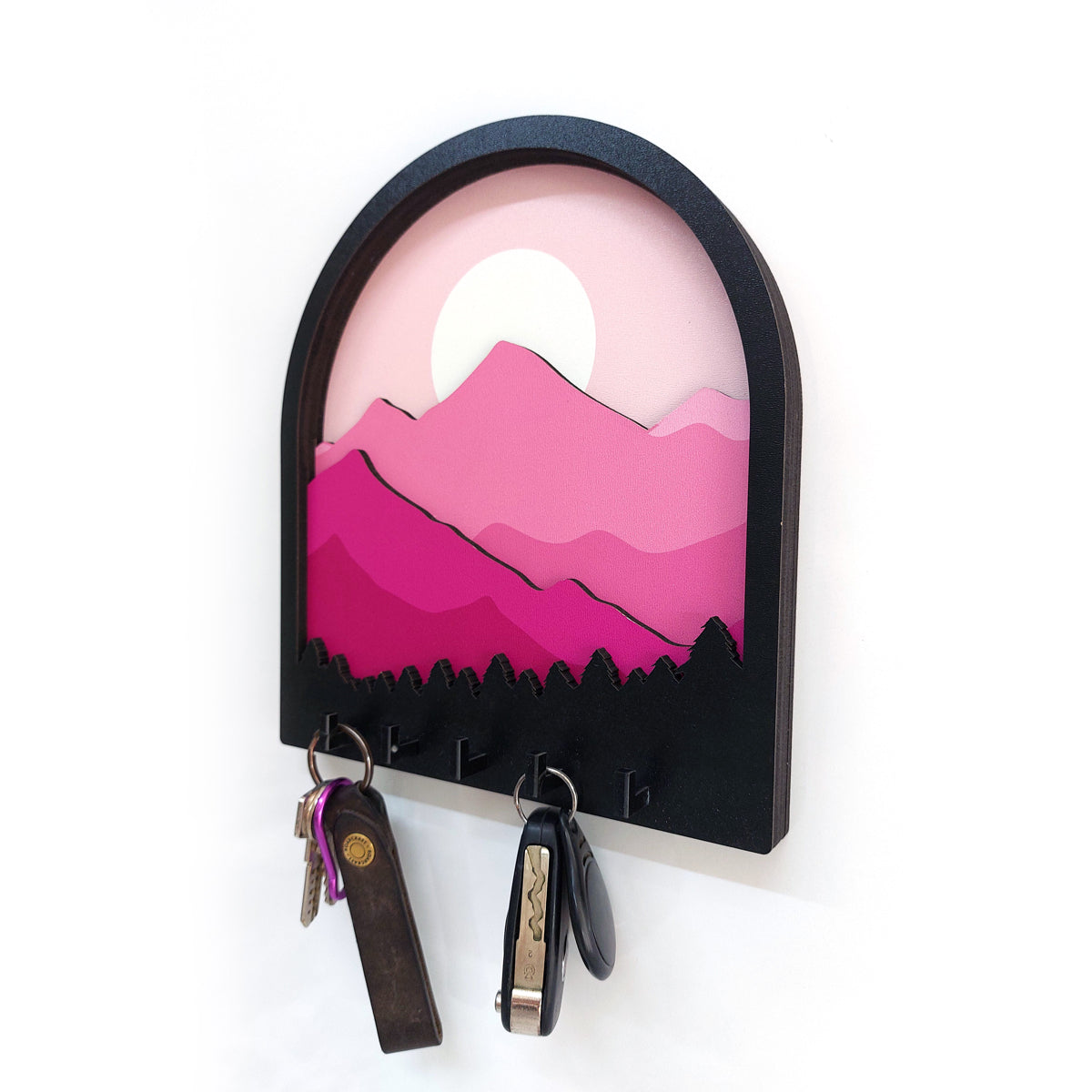 Layered 3D Design Pink Mountains Landscape Theme Wall Hanger Keychain