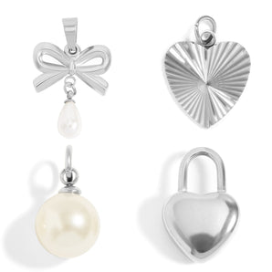 Stainless Steel Charms Set – Bow Pearl, Textured Heart & Lock Pendants | Waterproof & Hypoallergenic - Iron Wire Decor