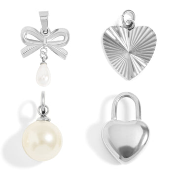 Stainless Steel Charms Set – Bow Pearl, Textured Heart & Lock Pendants | Waterproof & Hypoallergenic - Iron Wire Decor