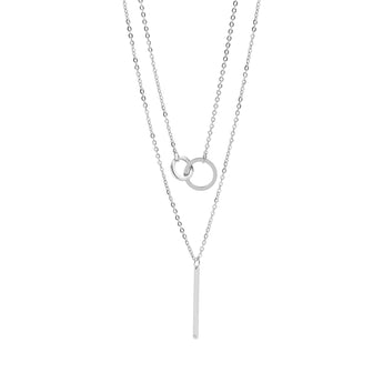 Elegant Layered Necklace – Stainless Steel Interlocked Circle and Bar Charms - Iron Wire Decor